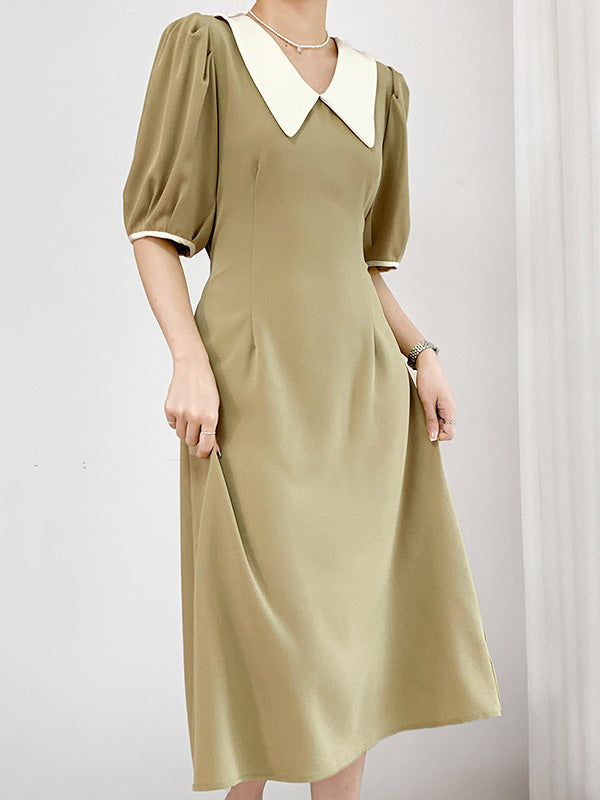 Urban Solid Color Bandage A-Line Lapel Short Sleeves Midi Dress