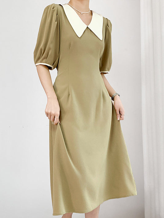Urban Solid Color Bandage A-Line Lapel Short Sleeves Midi Dress