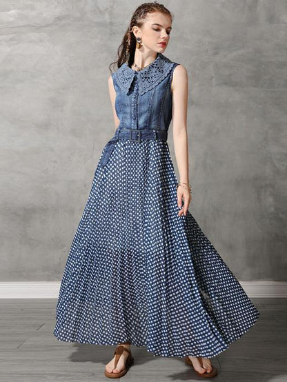 Original Polka-dot Pleated Belted Long Dress
