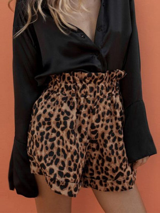 Loose Leopard Casual Elasticity Ruffled Shorts Bottoms