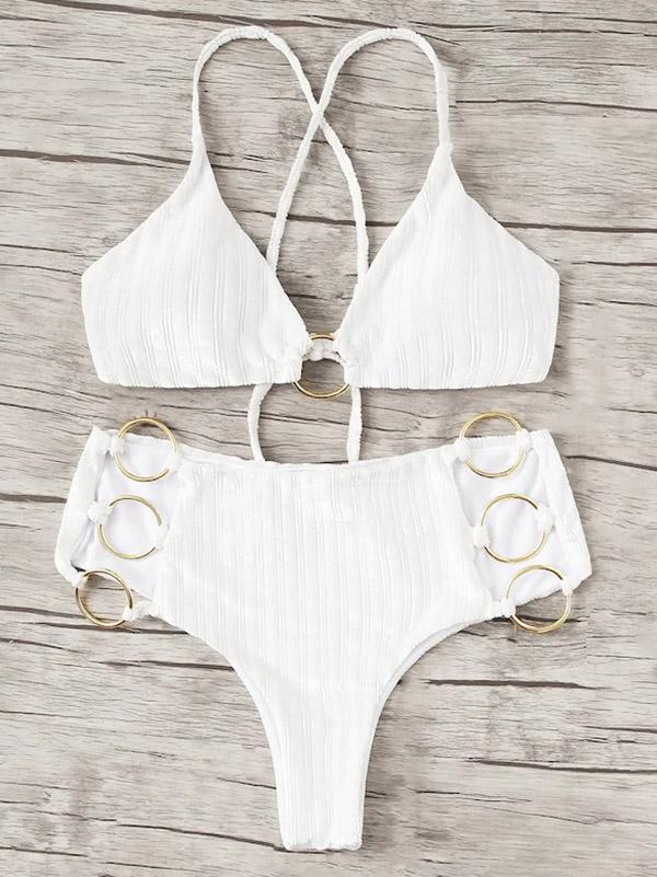 Solid Color Ring Hollow Split Bikini Swimsuit