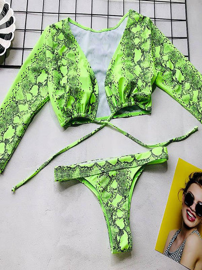 Lace Up Green Snakeskin Bikini Swimsuit