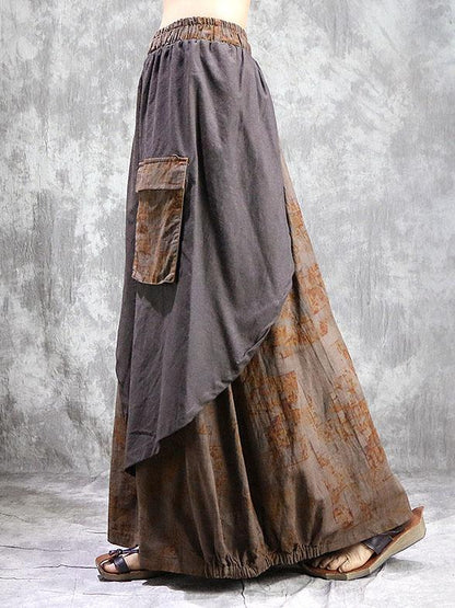 Loose Ramie Cotton Split-joint Printed Skirt Bottom