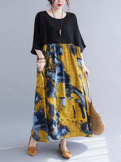 Artistic Retro Floral Printed Split-Joint Pleated Round-Neck Half Sleeves Midi Dress