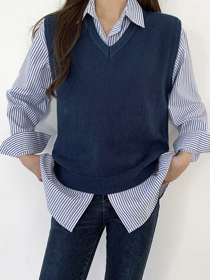 Simple Striped Buttoned Lapel High-Low Long Sleeves Blouse Tops