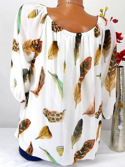 Large Feather Print T-shirt Off the Shoulder