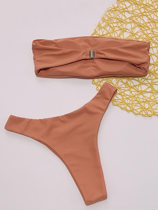Solid Color Bandeau Split Bikini Swimsuit