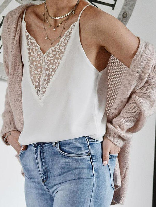 V-neck Lace Casual Blouses&Shirts Top