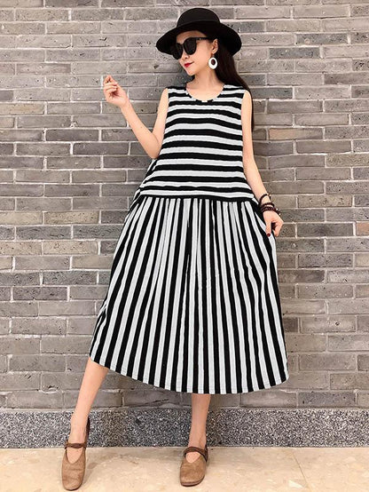 Striped Sleeveless Split-joint Dress