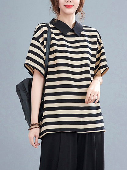 Urban Stripe Half Sleeve Lapel T-Shirt Top