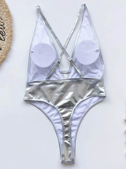 Patent Leather Deep V-Neck One-Piece Swimwear