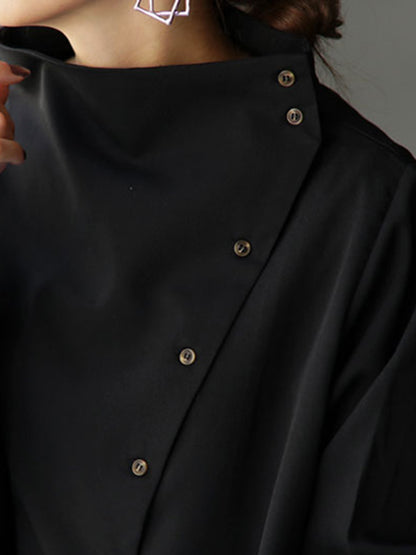 Loose Casual Solid Color Buttoned High-Neck Long Sleeves Blouse
