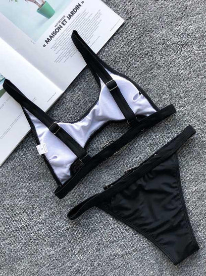 Solid Color Bandage Split Bikini Swimsuit