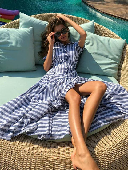 Short Sleeve Printed Striped Bohemia Maxi Dress