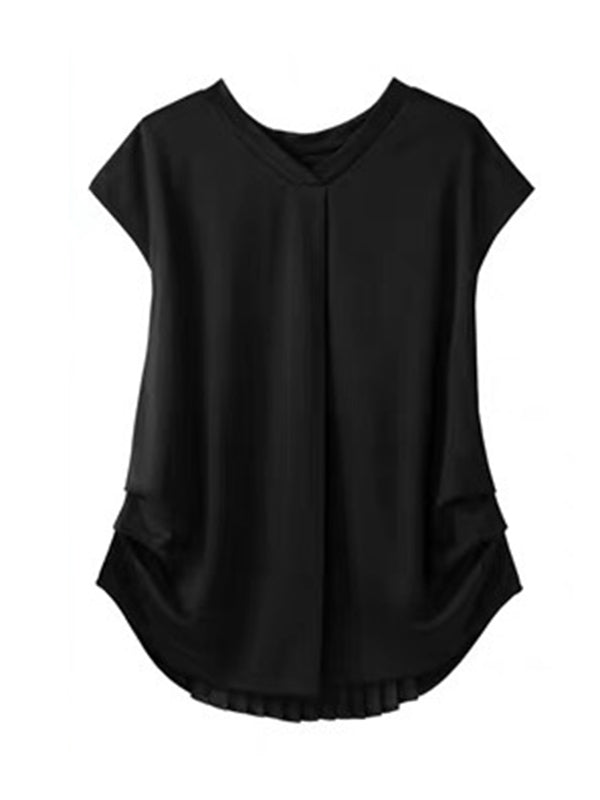 Simple Solid Color Pleated Round-Neck Short Sleeves T-Shirt