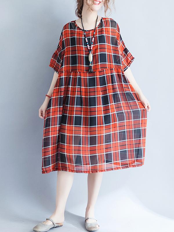 Loose Light Red Plaid Long Dress