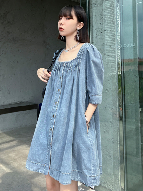 Stylish Denim Blue Pleated Square-Neck Half Sleeves H-Line Mini Dress
