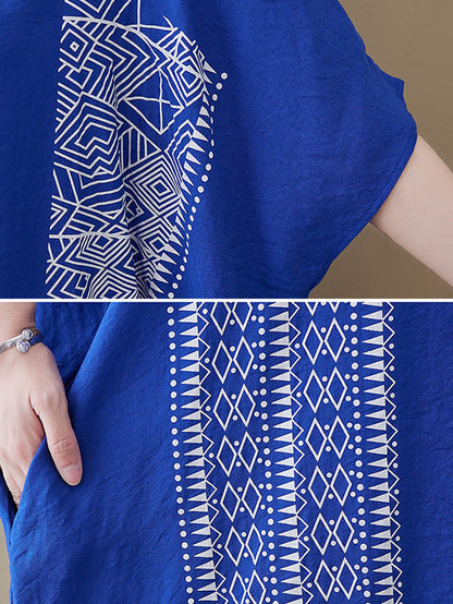 National Printed Batwing Sleeves Round-Neck Loose Midi Dress