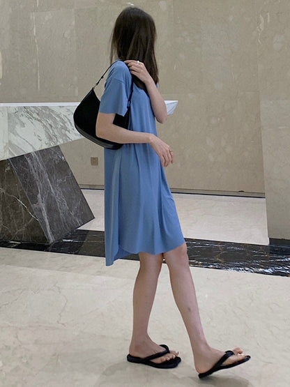 Casual Solid Color Short Sleeve Round-Neck Dress