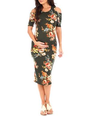 Maternity Printed Cold Shoulder Round-neck Midi Dress
