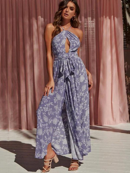 Printed Sexy Open-back Maxi Dress