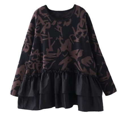 Buykud Agaric Lace Printed Spliced O-neck Blouse