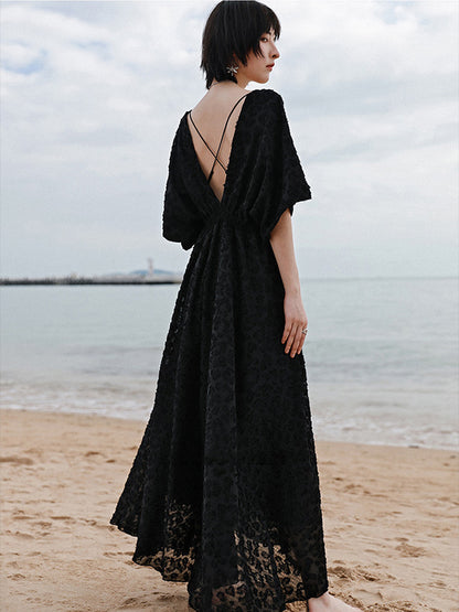 Stylish Solid Color Hollow Embroidered Mesh Backless Split-Side V-Neck Half Sleeves Maxi Dress