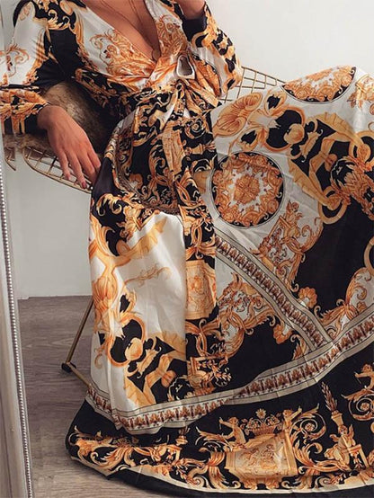 Long Sleeves V Neck Printed Maxi Dress