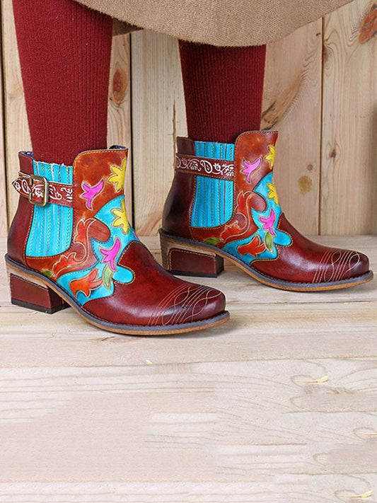Bohemia Cow Leather Chunky Heel Booties