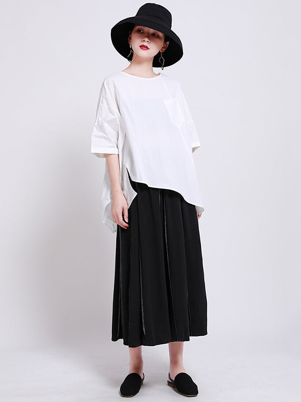 Casual Split-Back Split-Joint With Pocket Solid Color Round-Neck Half Sleeves T-Shirt