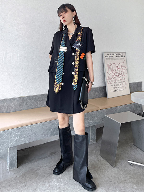 Stylish Buttoned Tie Split-Joint With Pocket Applique Notched Collar Short Sleeves Mini Shirt Dress