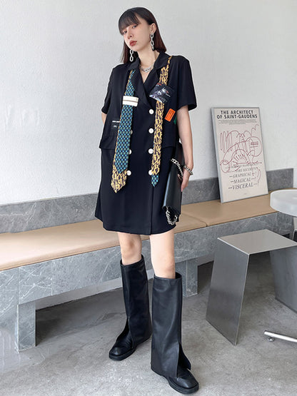 Stylish Buttoned Tie Split-Joint With Pocket Applique Notched Collar Short Sleeves Mini Shirt Dress