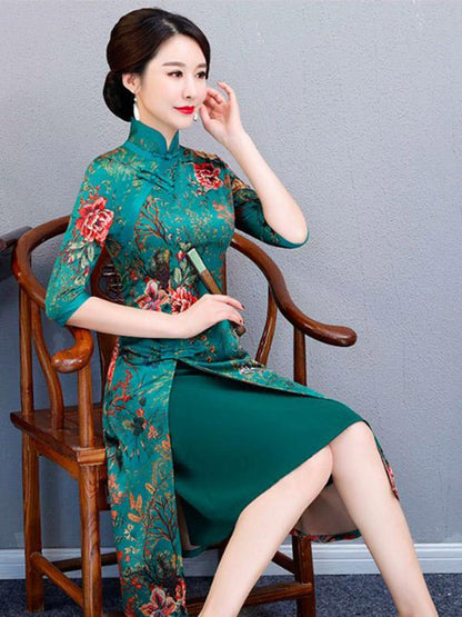 Autumn Flower Print Split-front Stand-collar Long Cheongsam