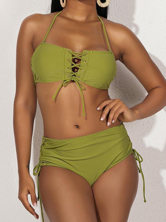 Solid Color Bandage Split Bikini Swimsuit