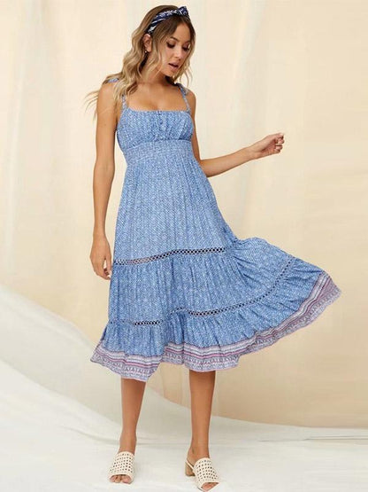 Printed Hollow Split-joint Spaghetti-neck Maxi Dress