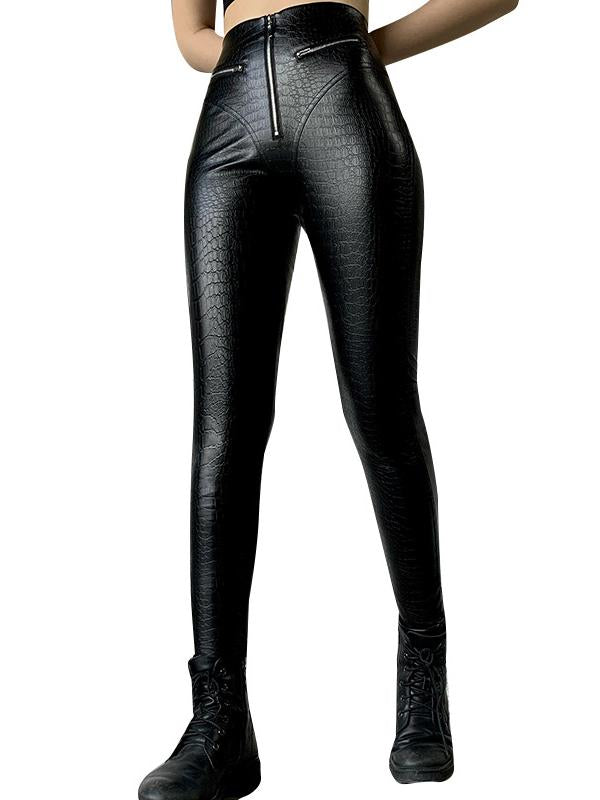 Punk Solid Zipper Pockets PU Leggings