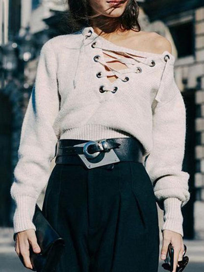 Raised Bands One-shoulder Knitting Sweater Tops