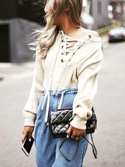 Raised Bands One-shoulder Knitting Sweater Tops