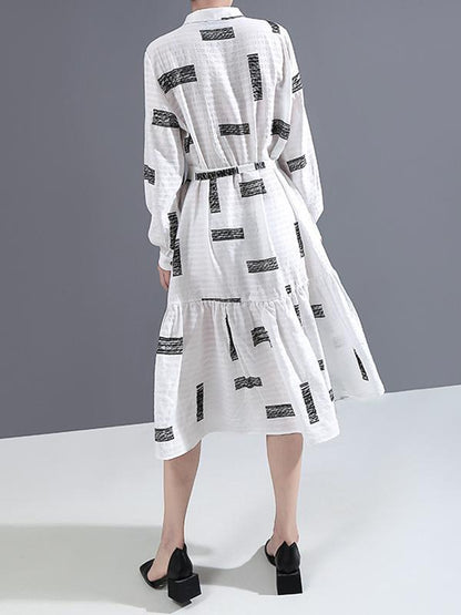 Lapel Collar Long Sleeve Loose Style Printed Belted Dress