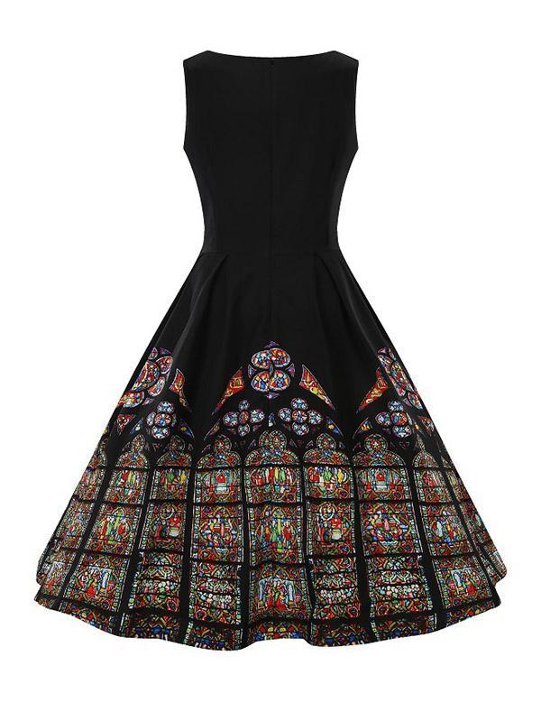 Vintage Printed Sleeveless Midi Dresses