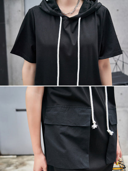 Original Black Zipper Split-Side Hooded H-Line Short Sleeves Midi Dress