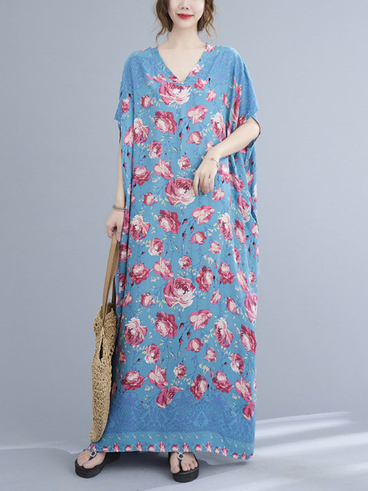 Loose Floral Printed V-Neck Short Sleeves Maxi Dress