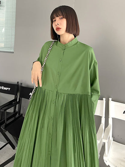 Simple Solid Color Pleated Stand Collar Midi Dress