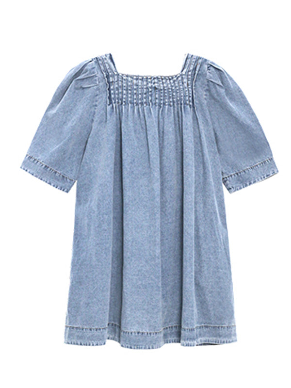 Stylish Denim Blue Pleated Square-Neck Half Sleeves H-Line Mini Dress