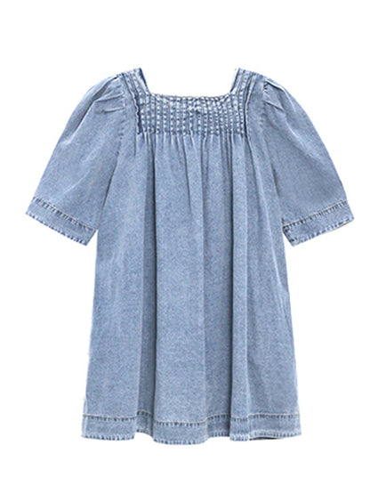 Stylish Denim Blue Pleated Square-Neck Half Sleeves H-Line Mini Dress