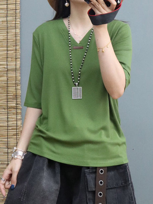 Simple Solid Color V-Neck Short Sleeves T-Shirt Tops
