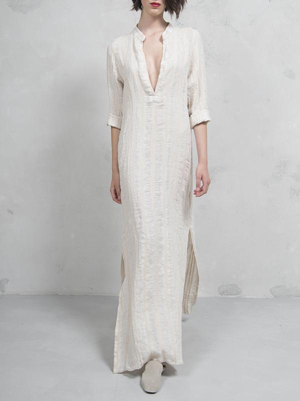 Simple Ramie Cotton V-neck Maxi Dress