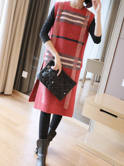 Artistic Retro Striped Split-Side Round-Neck Sleeveless Knitted Vest