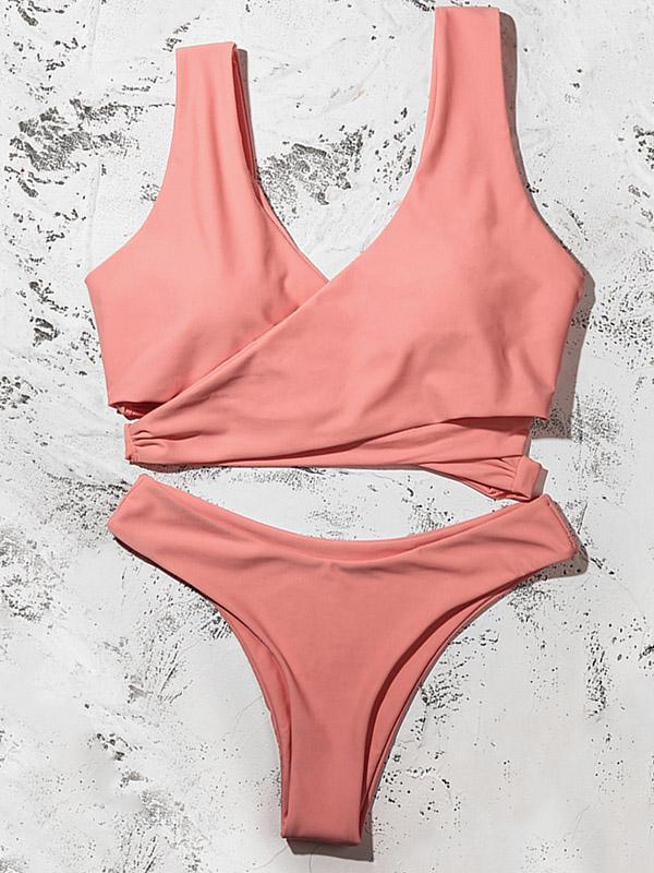 Solid Color Interlace Split Bikini Swimsuit