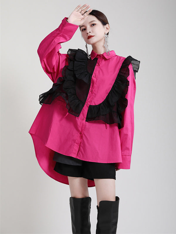 Stylish Irregular Contrast Color Split-Joint Falbala Mesh Drawstring Buttoned Lapel Collar Long Sleeves Blouse